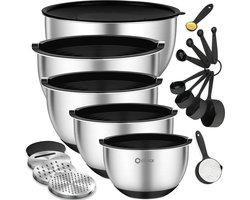 COOCK RVS Mengkommen set met Deksel - Beslagkommen met deksel - Bewaarbak met Rasp - Schaal voor Salades & Mengen - 22 Delige Set 1,5 t/m 5 Liter – Zwart - Incl. Maatschepjes COOCK RVS Mengkommen set met Deksel - Beslagkommen met deksel - Bewaarbak met Rasp - Schaal voor Salades & Mengen - 22 Delige Set 1,5 t/m 5 Liter – Zwart - Incl. Maatschepjes