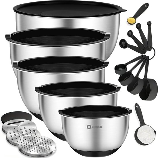 Foto: Coock rvs mengkommen set met deksel beslagkommen met deksel bewaarbak met rasp schaal voor salades mengen 22 delige set 1 5 t m 5 liter zwart incl maatschepjes