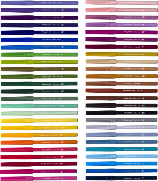 Twee rijen met 50 Bruynzeel viltstiften in alle kleuren van de regenboog.
