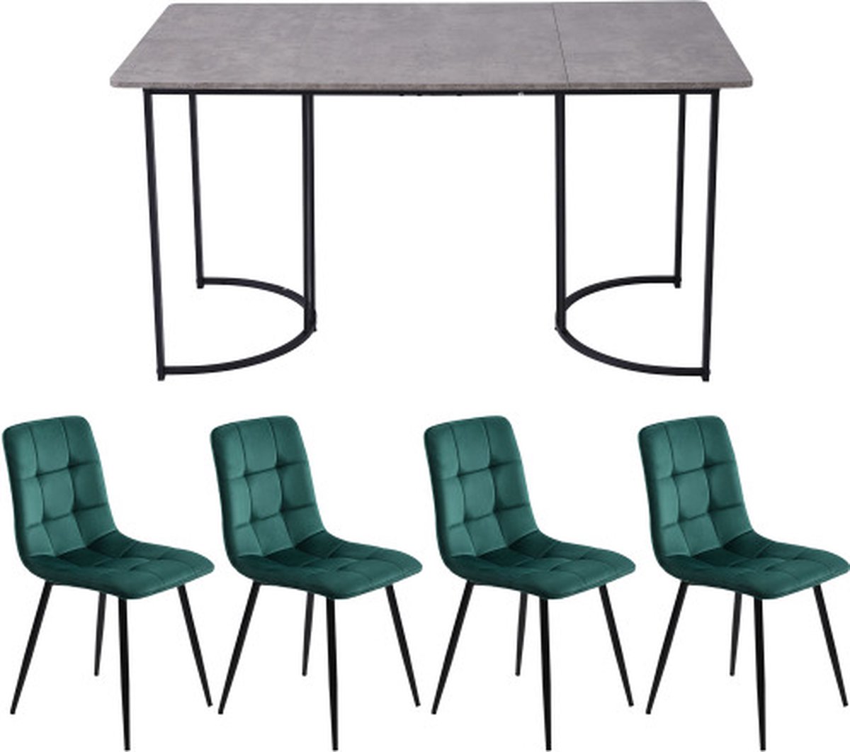 Gotagee Eetset (5-delig) Eettafel met 4 stoelen set Donkergroen Fluweel Eetkamerstoelen Keukentafelset met Zwarte metalen poten MDF tafelblad in grijs