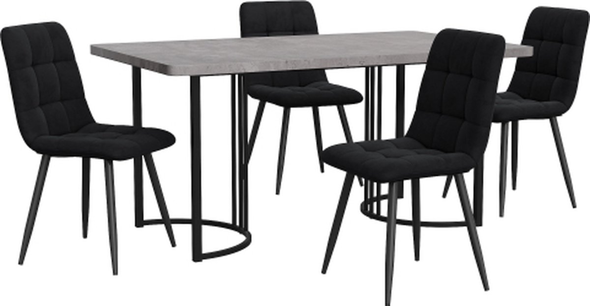 Gotagee Eetset (5-delig) Eettafel met 4 stoelen set Zwart Fluweel Eetkamerstoelen Keukentafelset met Zwarte metalen poten MDF tafelblad in grijs