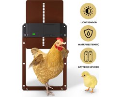 LotaHome - Automatische Kippenluik - Automatische Kippendeur - Hokopener voor Kippen en andere Dieren - Lichtsensor - Kippenluik op Batterijen - Chickenguard - Kippenhok Deur - Kippenren - Inclusief 20 Kippenringen en Bevestigingsmateriaal - Bruin