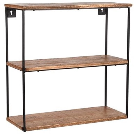 Drieplank wandrek van mangohout met zwart metalen frame. Zicht op de planken en de muurbevestiging.