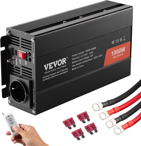 VEVOR Zuivere Sinusomvormer 1000W DC 12V AC 230V Spanningsomvormer met 2 AC-aansluitingen 2 USB-poorten 1 Type-C-poort Afstandsbediening voor Kkleine Huishoudelijke Apparaten Zoals
