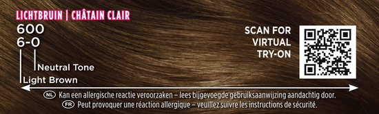Haarverf 600, 6-0 Lichtbruin/Châtain Clair. Neutrale toon, lichtbruin. Scan voor virtuele try-on. Waarschuwing voor allergische reactie.