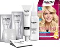 Palette haarverf "L6-0 100 EXTRA LICHTBLOND". Doos met model met blond haar, tube crème, activator, masker en instructies.