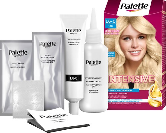 Palette haarverf "L6-0 100 EXTRA LICHTBLOND". Doos met model met blond haar, tube crème, activator, masker en instructies.