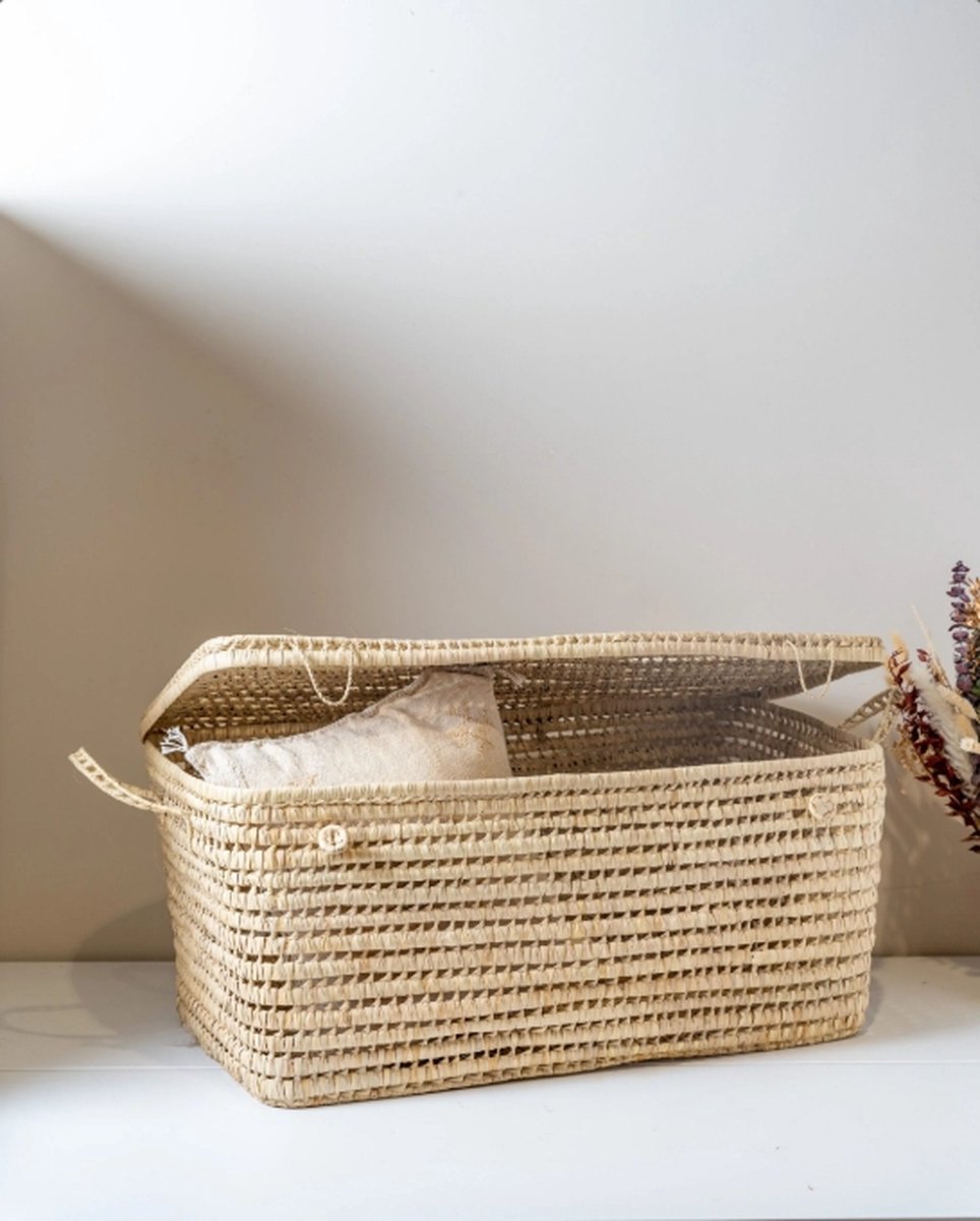 Marrokaanse opbergmand - XXL - opbergmand - 80cm - koffer - geschenk - speelgoedkoffer - kinderkamer - opberger - palmbladeren - opbergbox - kist - decoratie - mand - mand woonkamer - marrokaanse mand - rotan mand - basket - onderhoud - Opbergen