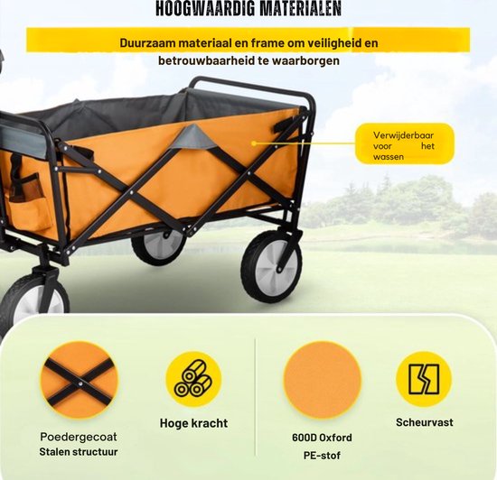 Opvouwbare Bolderkar - Kinderenvervoer - Oranje - Verstelbare Handgreep - 80KG - 90L van Opvouwbare Bolderkar — afbeelding 3