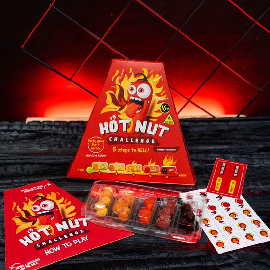 HOT-NUT Uitdaging – Durf jij de hitte aan? Het ultieme spel voor 2-4 vrienden: werk samen, lach, en trotseer 5 pittige levels van EASY PEASY tot WTF!