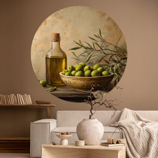 WallCircle® - Behangcirkel 120x120 cm - Muurstickers Olijven - Stilleven - Vintage - Muurcirkel woonkamer - Wandcirkel slaapkamer - Kamer decoratie zelfklevend - Muurdecoratie accessoires XXL