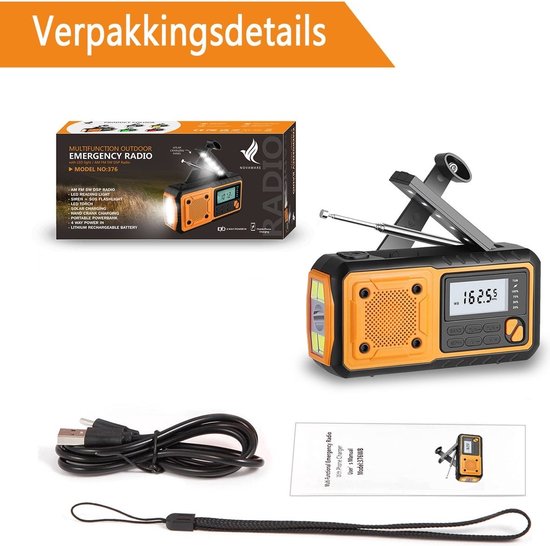 NovaWare® Draagbare NoodRadio Solar Opwindbaar - FM/AM/SW - Powerbank Zonneenergie met 4400mAh - Noodpakket - Op Batterijen - Oranje