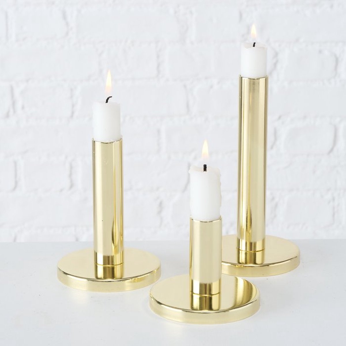 Boltze Home Kaarsenhouders Set van 3 - Gouden Kandelaars Metaal - Dinerkaarsen - Modern Interieur - Ø9 cm - 8, 12 & 16 cm