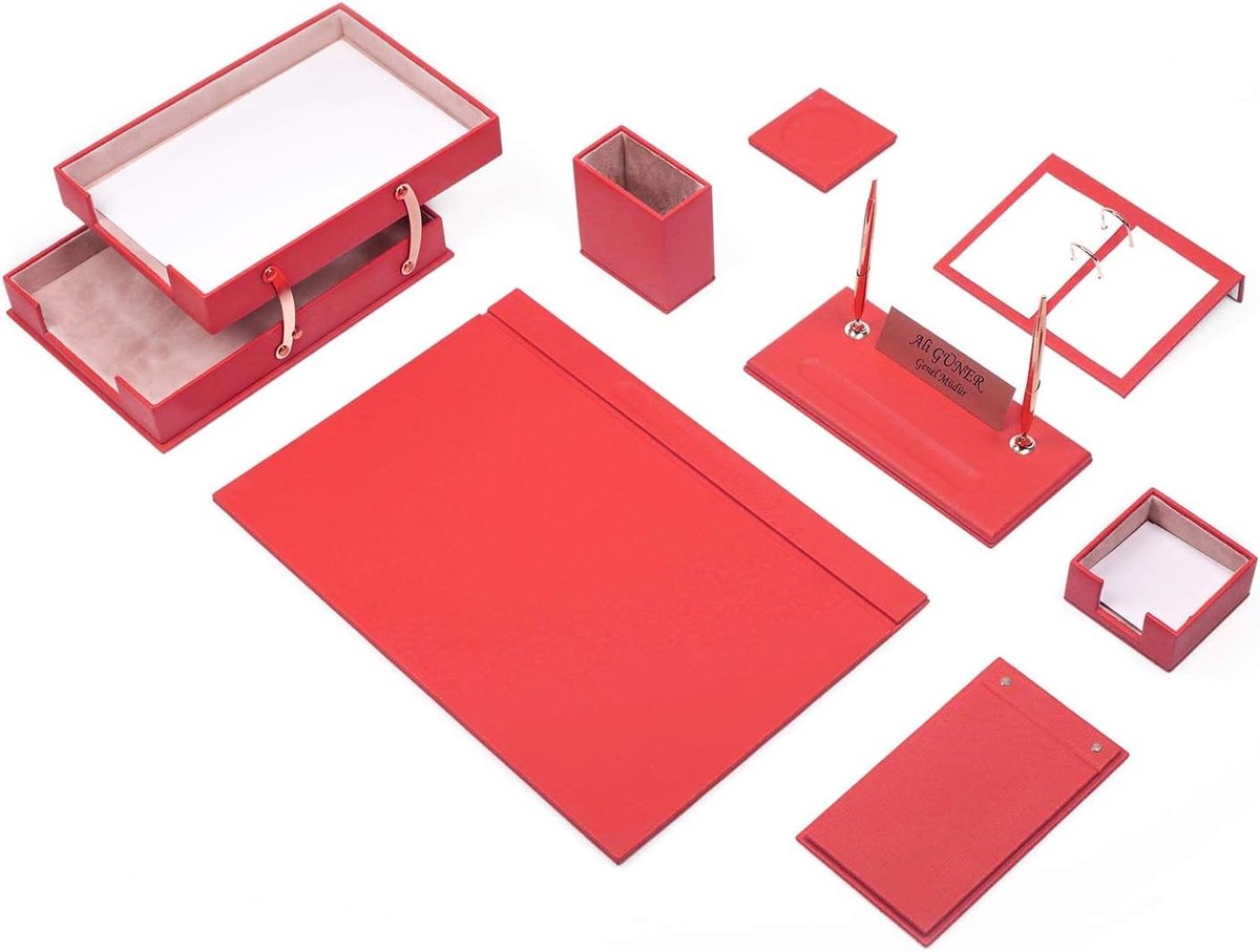 Lederen bureau Set - ROOD - Bureau accessoires Set - 10 Accessoires - Office Desk Organizer Set - handgemaakte lederen bureau set - Manager Gift