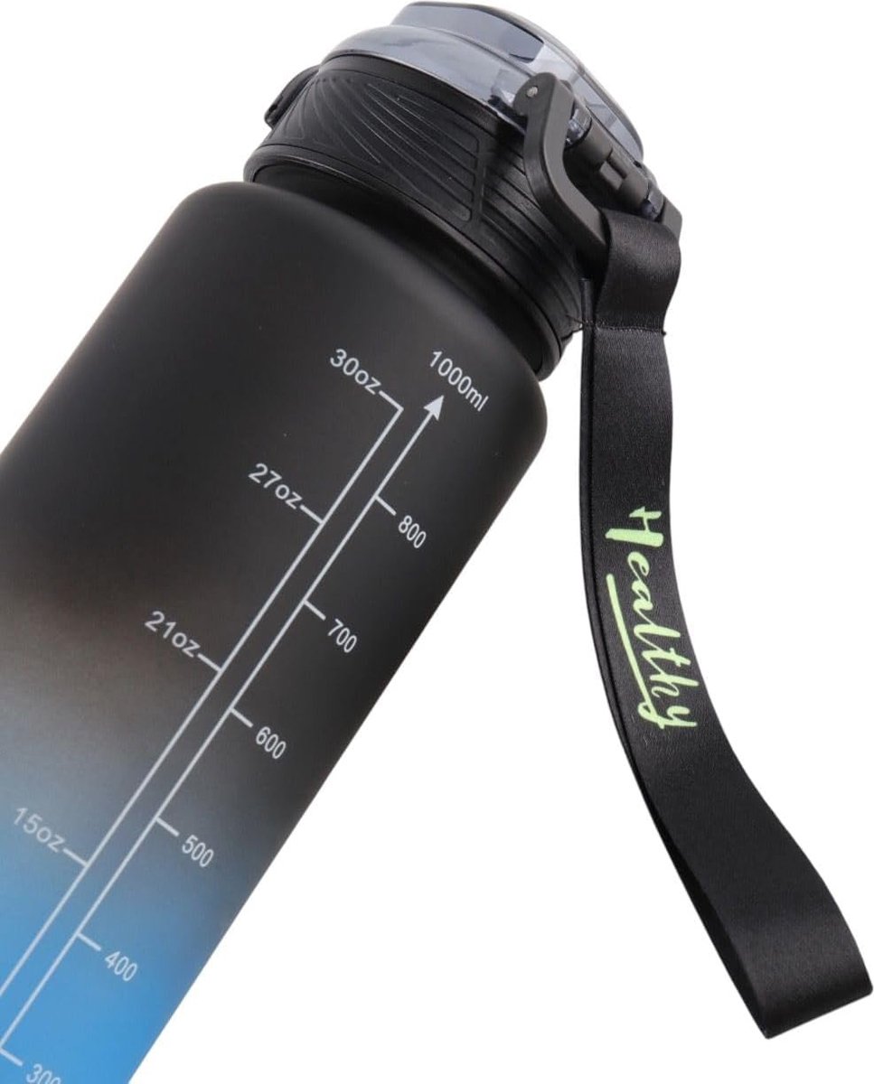 Pluto® - Drinkfles Met Rietje - Motiverende Tijd Marker - BPA-Vrij - Lekvrij - Waterfles perfect voor school, Office, Sporten, Fietsen -1 Liter - Blauw en Zwart