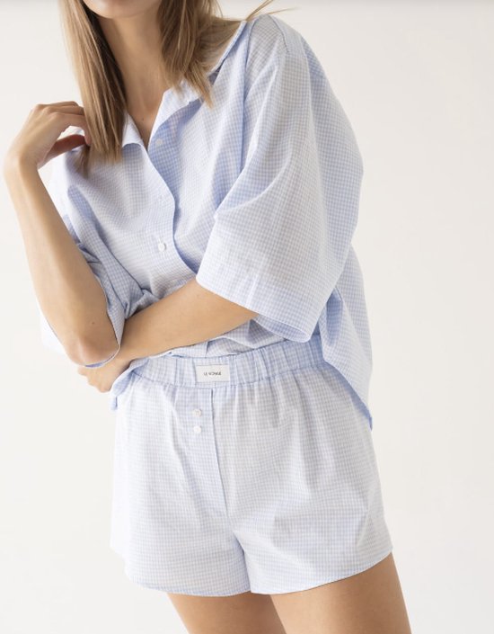 Set pyjama femme -Chemise oversize et caleçon boxer-100% Katoen- Carreaux Blauw et Wit -Fermeture à boutons-Manches 3/4-Taille XS/ S