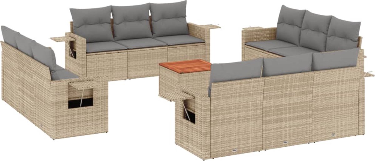 13-delige loungeset met beige kussens en poly rattan materiaal.