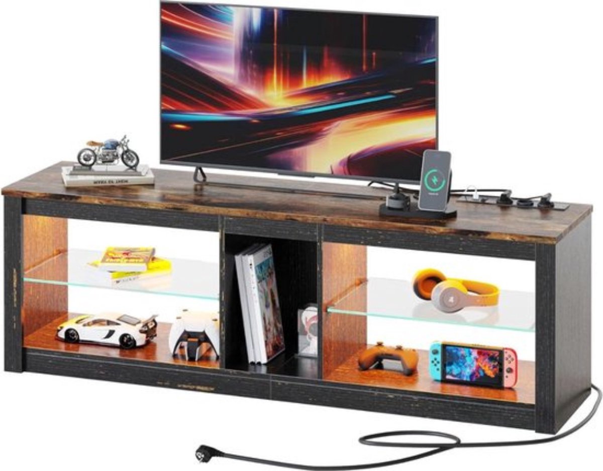 Luxe Vitrinekast – Met LED Verlichting – Met Glas – Woonkamer – TV Meubel – Met Stopcontacten – Industrieel Design – Hout – Zwart