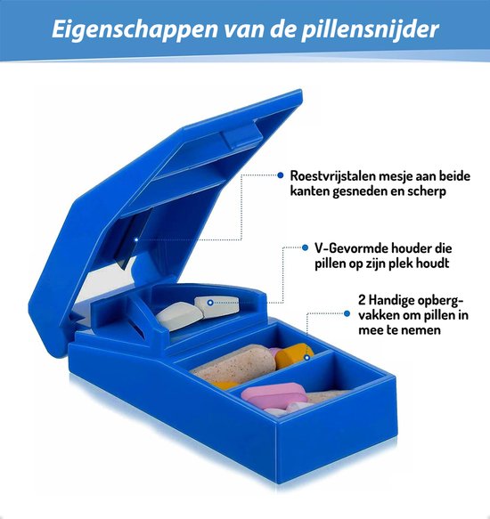 Eigenschappen blauwe pillensnijder: roestvrijstalen mesjes, V-vormige houder en 2 opbergvakken.