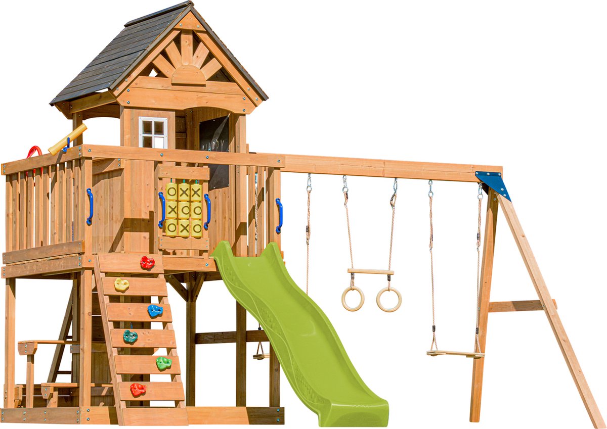 AXI Jack Speeltoestel met Dubbele Schommel en Trapeze Bruin – Limoen Groene glijbaan