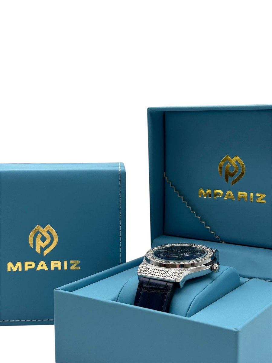 Luxe Herenhorloge - Polshorloge - Heren - Cadeau - Horloge - Geschenkdoos - Mannen - Blauw en Diamonds - RVS - Echt Leder