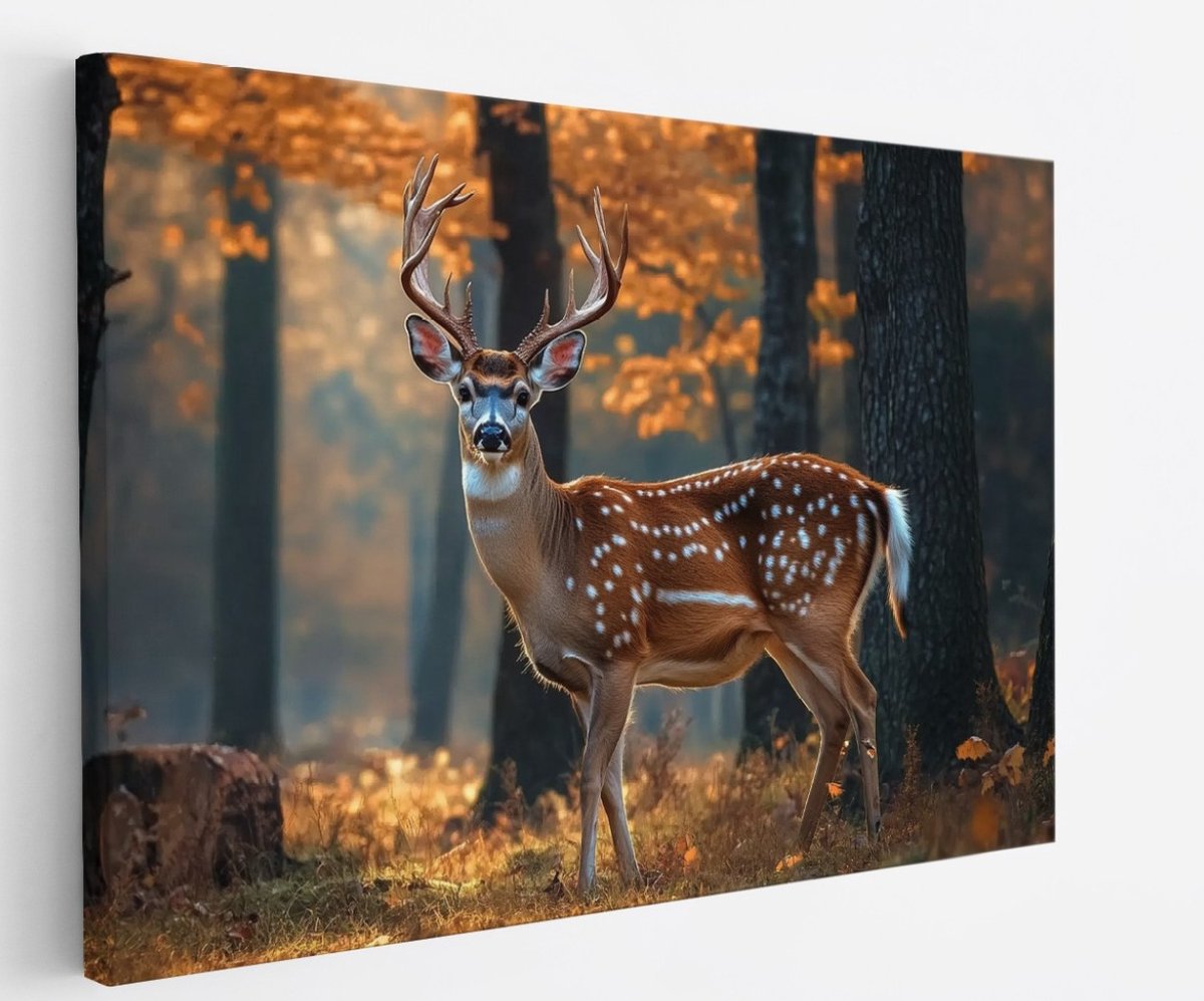 Saammp Canvas Schilderij - Hert tussen de bomen - Natuur - Dieren - 45x30 - Foto op canvas - Wanddecoratie - Muurdecoratie Woonkamer - Slaapkamer decoratie - Canvas Print Multicolor
