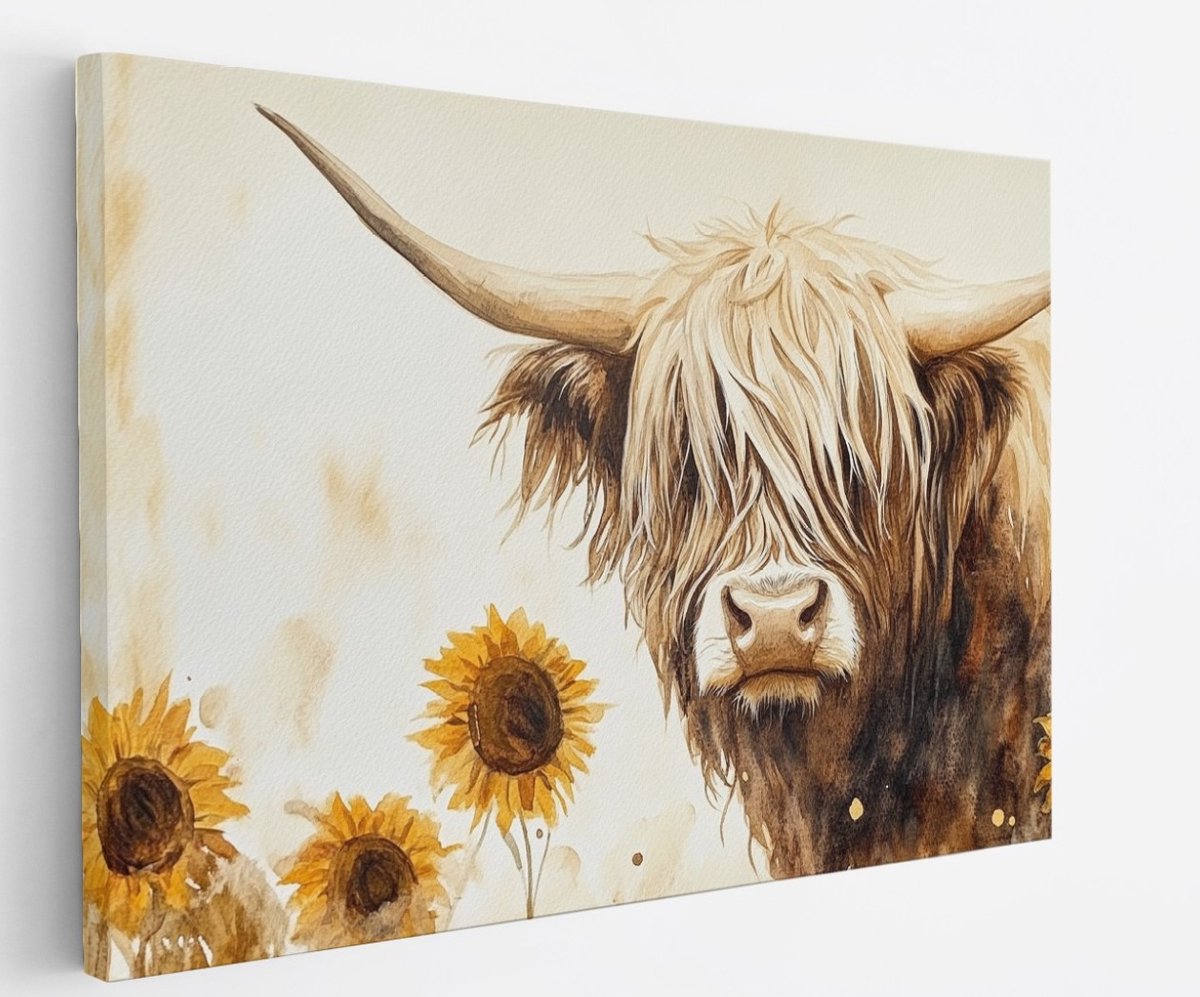 Saammp Canvas Schilderij - Schotse Hooglander Koe - Abstract - Dieren - Natuur - 100x75 - Foto op canvas - Wanddecoratie - muurdecoratie Woonkamer - Slaapkamer decoratie - Canvas Print Multicolor