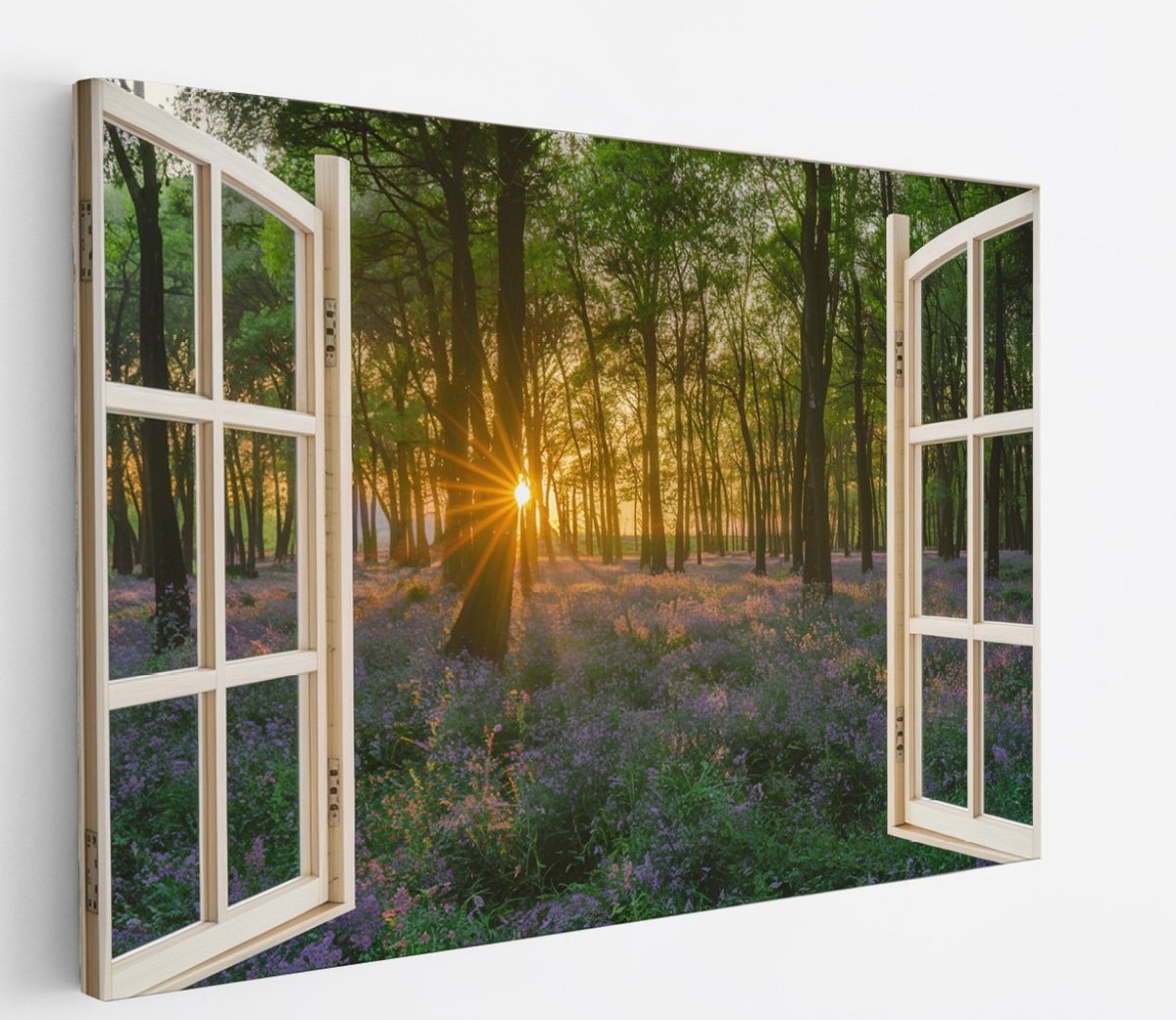 Saammp Canvas Schilderij - Bos met zonsondergang - Natuur - Doorkijk - 40x30 - Foto op canvas - Wanddecoratie - Muurdecoratie Woonkamer - Slaapkamer decoratie - Canvas Print Multicolor