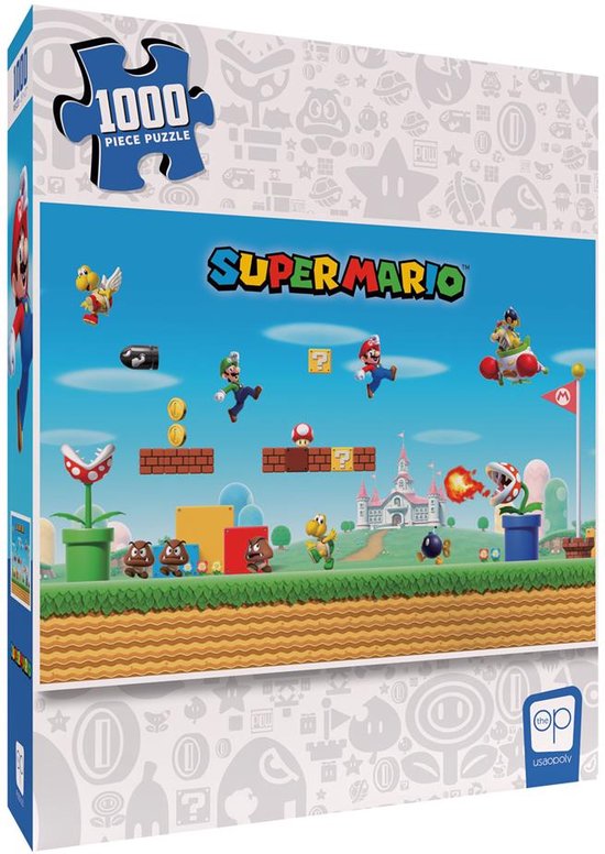 De doos van de 1000-delige Super Mario legpuzzel, met Mario, Luigi en Prinses Peach's kasteel.