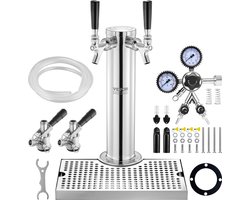 VEVOR Kegerator Tower Kit, Bierombouwset met 2 Kranen, Roestvrijstalen Biertorendispenser met Dubbele Meter W21.8 Regelaar en S-systeem Kegkoppeling, Bierlekbak voor Thuisfeesten