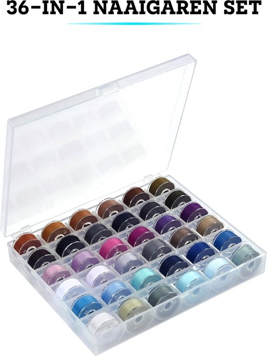 Een transparante opbergdoos met 36 spoelen garen in diverse kleuren, waaronder bruin, zwart, paars, grijs, blauw en groen.
