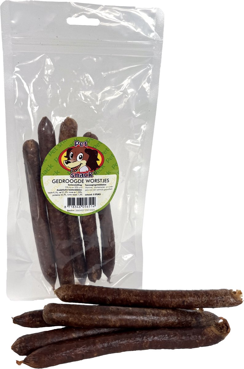 Petsnack Petsnack Gedroogde Worstjes - Honden Traktatie Kip Rund - 5 Stuks, Natuurlijke Snacks, Gezonde Beloningen
