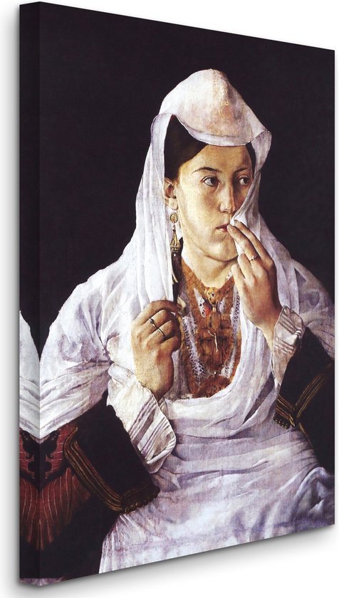 Impression sur toile d'une femme en vêtements blancs et foulard, avec bijoux, porte son voile à sa bouche.