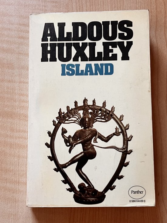 ALDous HUXLEY ISLAND. Donkere afbeelding van een dansende Shiva binnen een cirkelvormige versiering. Panther logo.