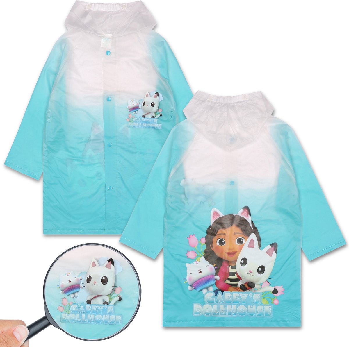 Gabby's Dollhouse Blauw-witte meisjes regenjas met capuchon, cape voor meisjes