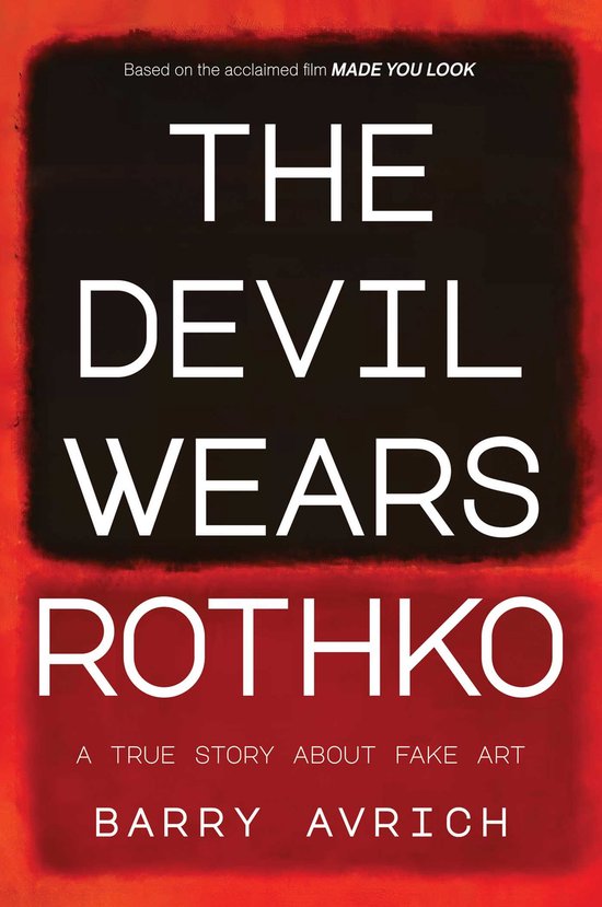 Boekcover van "The Devil Wears Rothko" met tekst gebaseerd op een schilderij met rode en zwarte vlakken.