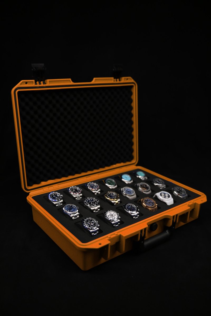 Onverwoestbare horlogekoffer voor 18 horloges - Oranje - Originele Elbrus Horology Timepiece Valet horlogedoos