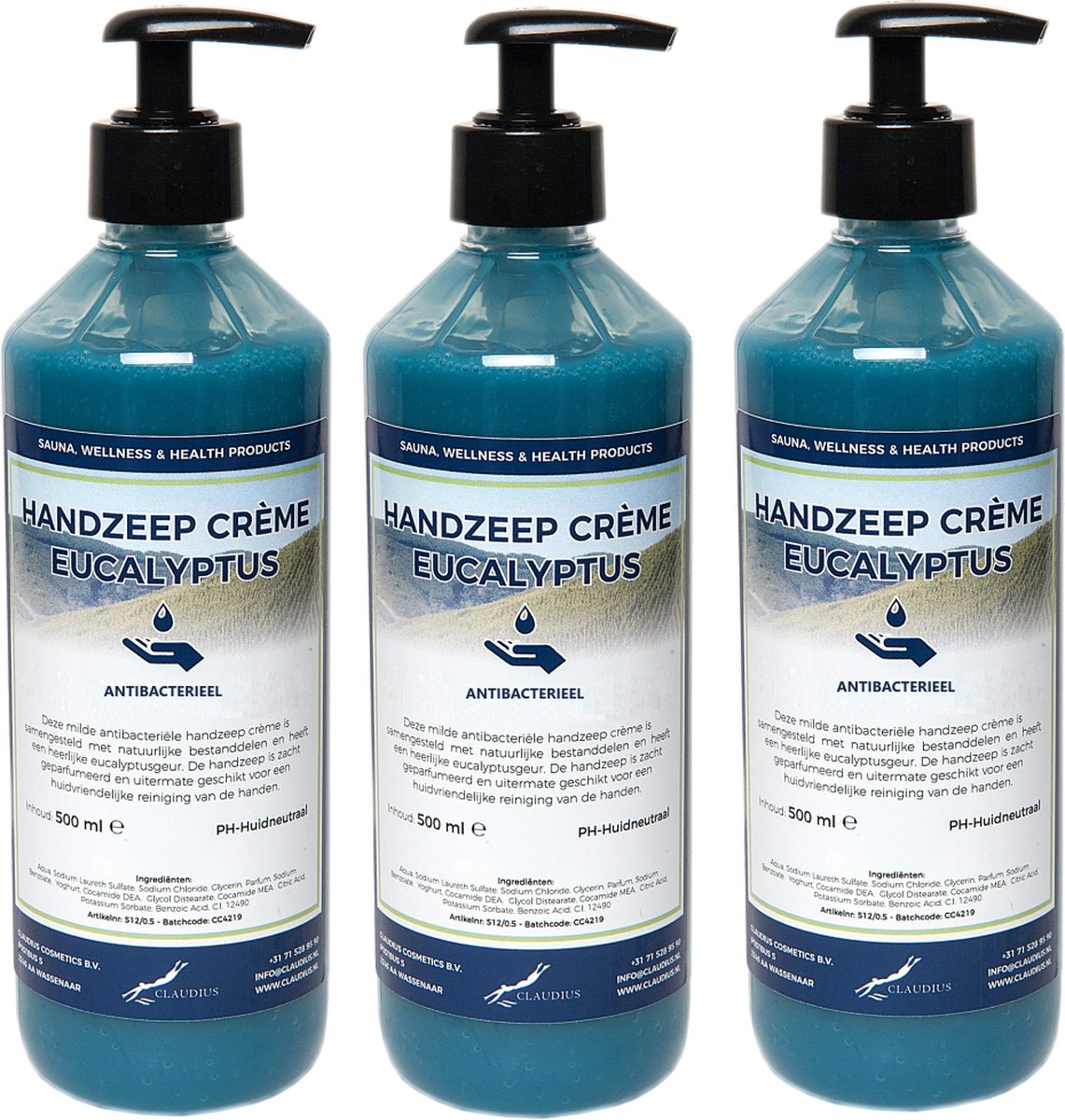 Handzeep Crème Eucalyptus 500 ml - met gratis pompje - set van 3 stuks