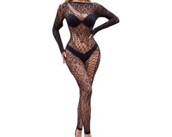 Nina’s Giftshop® Sexy Lingerie Catsuit – Panterprint – Visnet Bodystocking met Open Kruis – Erotische Body – One Size – Zwart – Kerstcadeau voor Vrouw