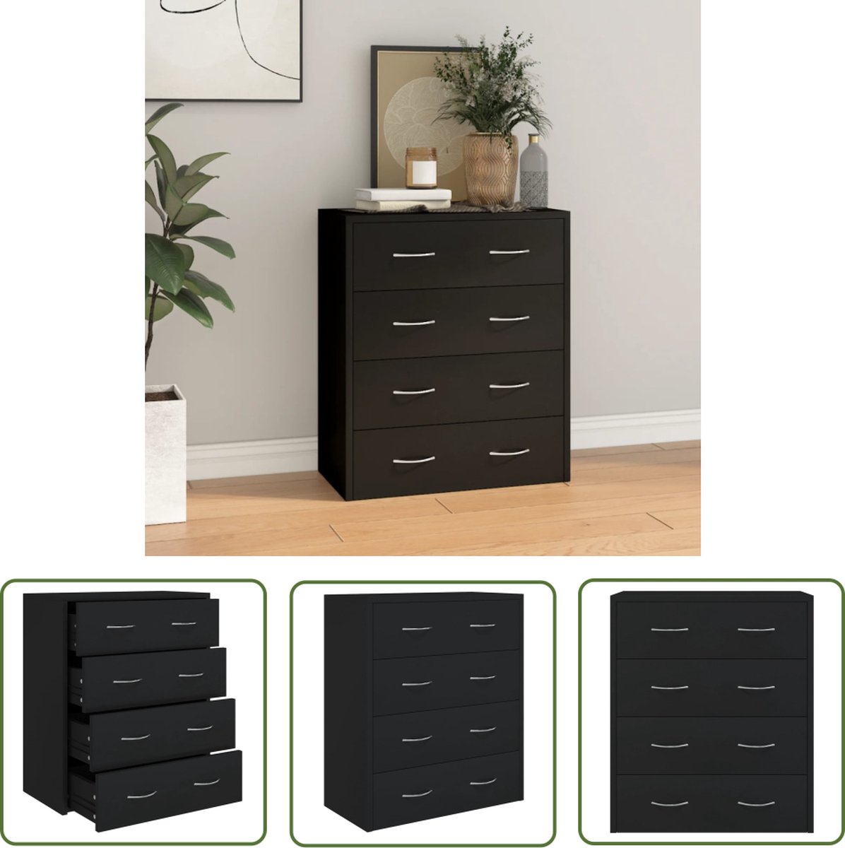vidaXL Kast - Dressoir - Dressoir met 4 lades 60x30,5x71 cm zwart - Houten Dressoir - Opbergkast - Salontafel