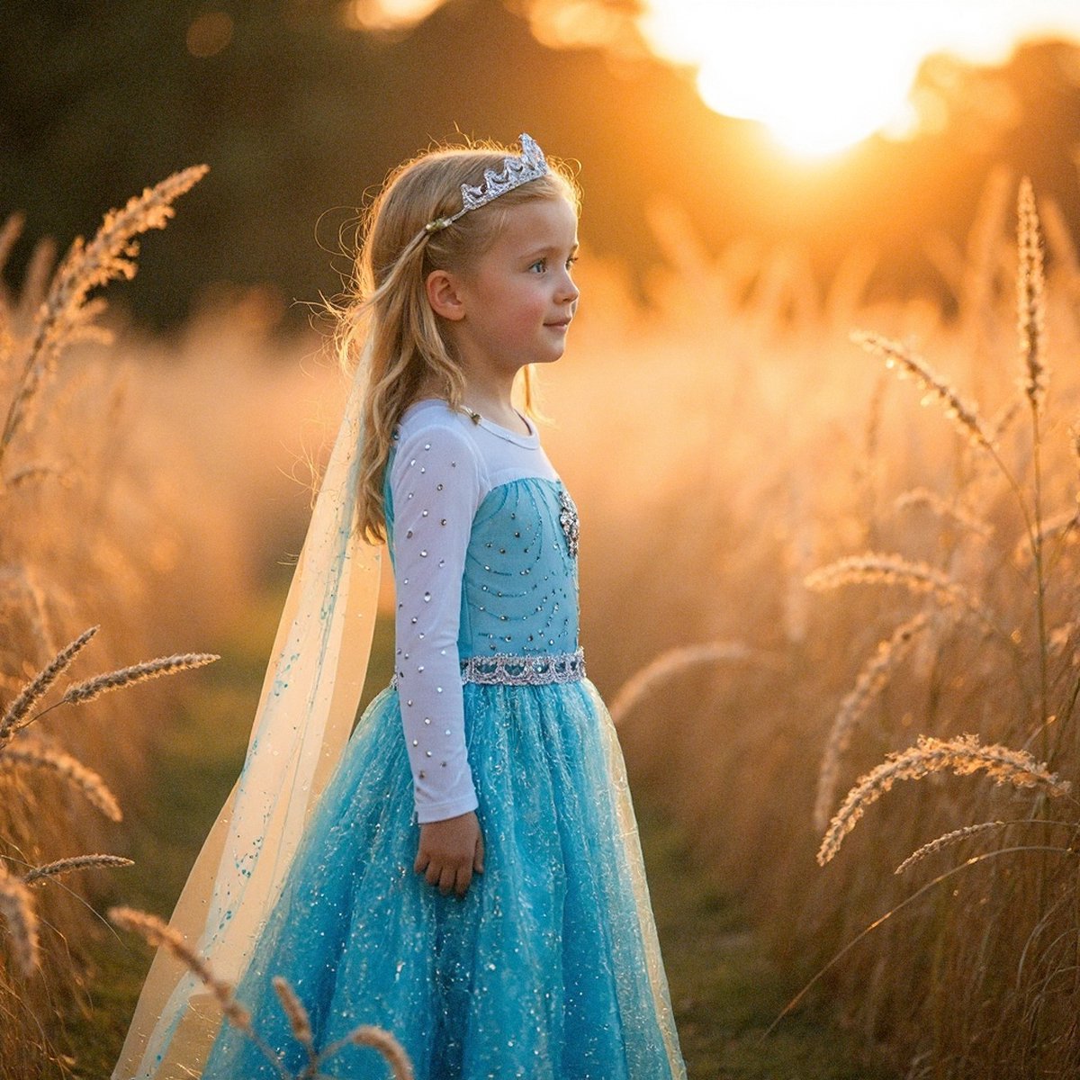Joya Kids® Luxe Blauwe ijsprinses Verkleed Jurk met Ster | Glamour Jurk met sleep | Prinsessenjurk meisje | Verkleedjurk + Accessoires set | Blauw | Maat 110/116 (110) — afbeelding 15