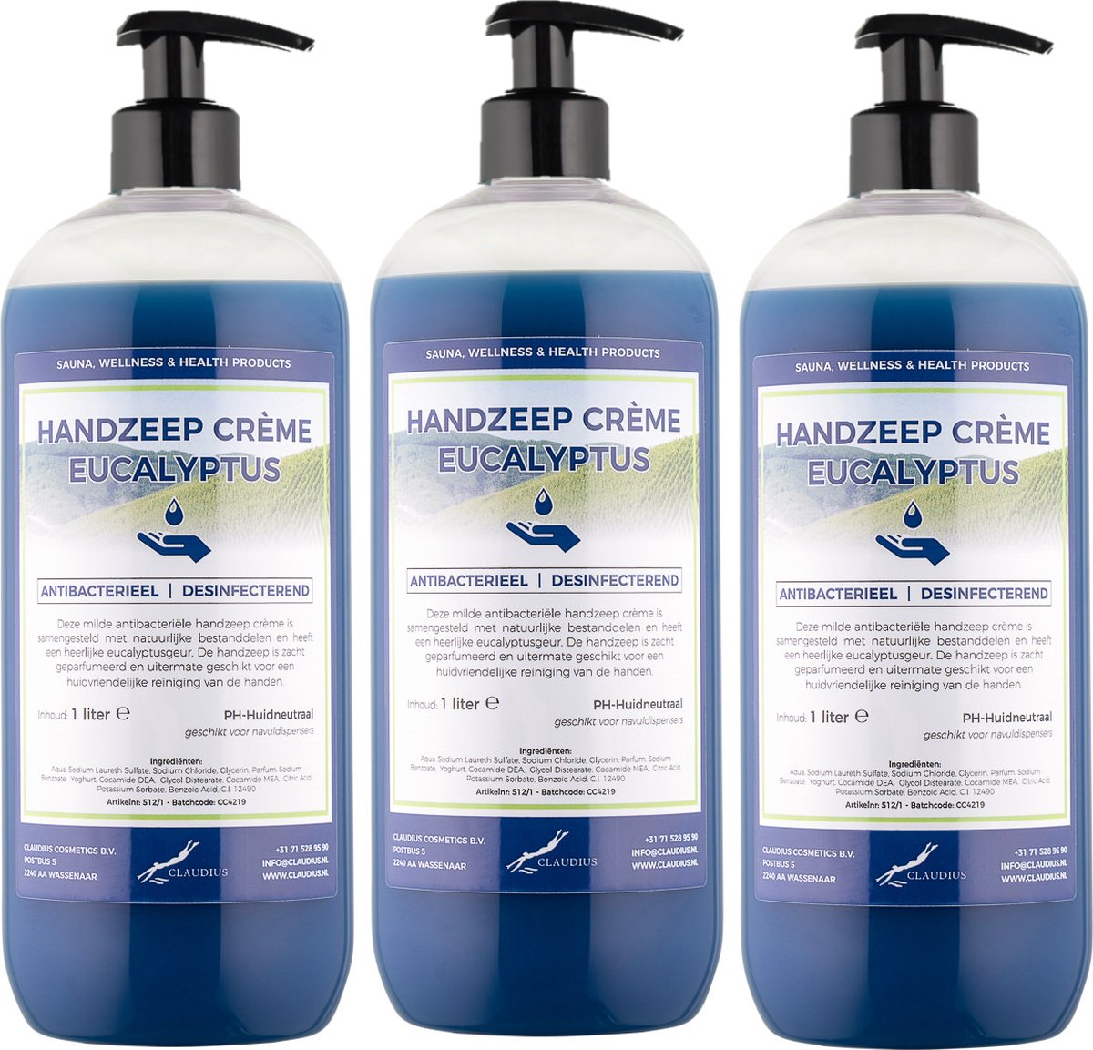 Handzeep Crème Eucalyptus 1 liter - met gratis pomp - set van 3 stuks