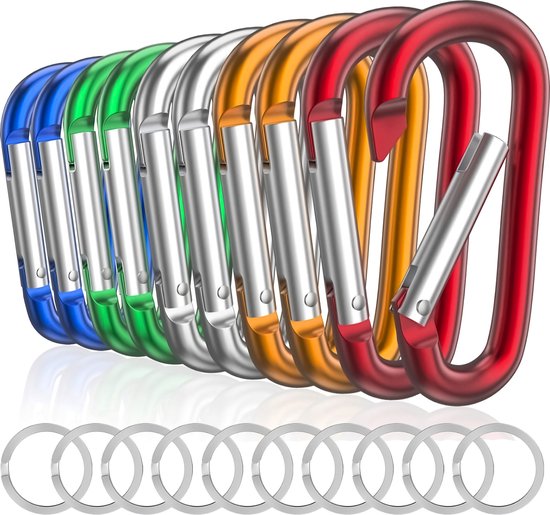 9-Delig 78mm Multikleur Karabijnhaken Set met 10 Sleutelringen & Sleutelhangers - Musketonhaak voor Volwassenen - D Carabiners - Karabijn haak Keychain - Karabijnsluitingen en ringetjes - DIY Hobby Musketon Sluiting - Karabiners - Aluminium