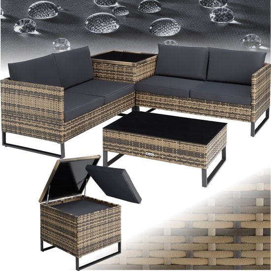 tectake® - Wicker loungezitgroep, tuinmeubelset met bank - Tafel met glazen blad, opbergbox - Weerbestendig - Tuin-, balkon-, terras- of wintertuinmeubels - natuurkleur