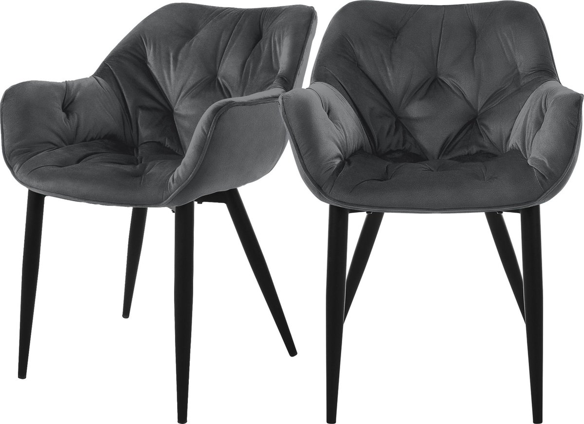 ml-design Eetkamerstoelen set van 2 antraciet, keukenstoel met dik fluweel gestoffeerde zitting, metalen poten, woonkamerstoel met rugleuning en armleuningen, gestoffeerde stoel, ergonomische fauteuil