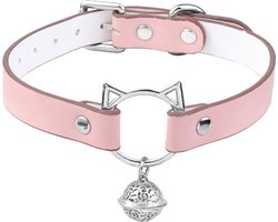 Nooitmeersaai - Halsband met katten gesp en bel - PU leer - Roze - incl. aanlijnketting