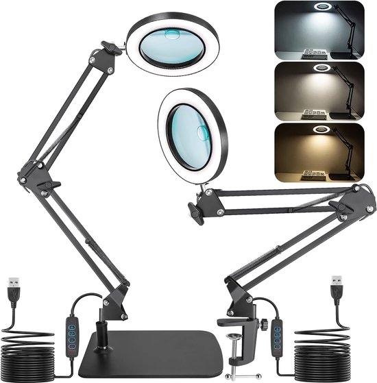 2 in 1 Loeplamp met LED Verlichting - Staande & Bureaulamp met Vergrootglas, Oplaadbare Looplamp met Tafelklem & Rolstatief - Ideaal als Leeslamp, Werklamp & Hobbylamp - 10x 15x Vergrootglas - 10 Helderheidsniveaus - 3 Kleurmodi - Zwart