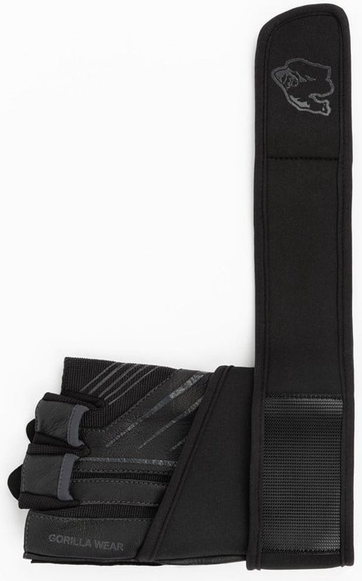 Zwarte fitnesshandschoen met grijze strepen en Gorilla Wear logo.