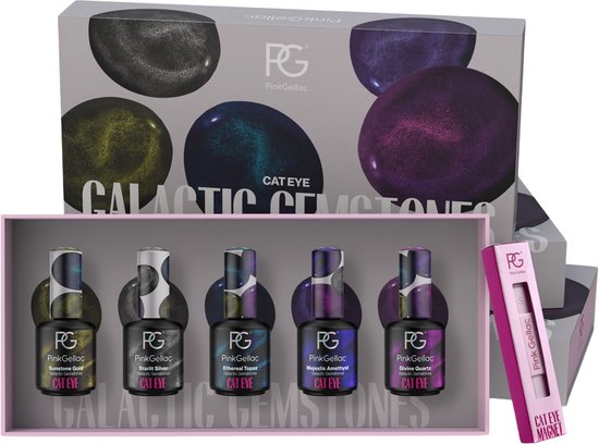 Coffret de collection Cat Eye - Pink Gellac - Set de pierres précieuses galactiques - 5 x 15 ml de Gellac - Aimant inclus