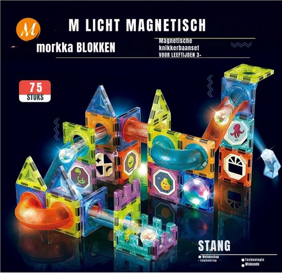 Zylo® Magnetische Knikkerbaan - Magnetic Tiles - Magnetisch Speelgoed - 75 Stuks - 15x15x8cm - Veelkleurig